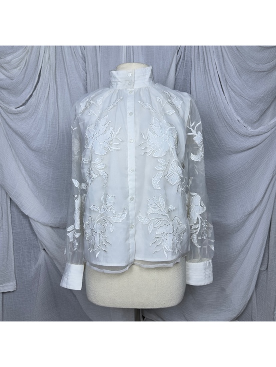 Topshop Tops - White Embroidered Sheer Sleeve Blouse